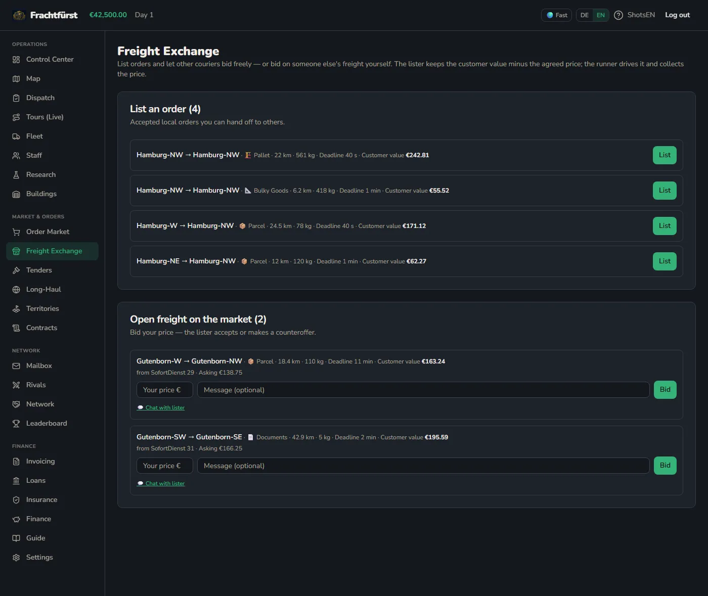 Freight Exchange in Frachtfürst: freight from other couriers with bidding, counter-offers, and chat
